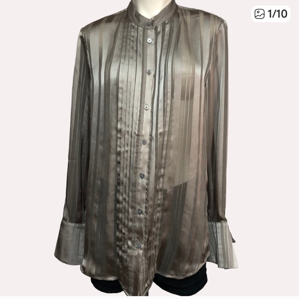 Banana Republic Olive Bronze Shimmer Green Striped Sheer Tuxedo Bow Cuff Shirt,S